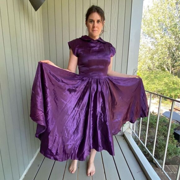 Vintage 1950s Purple Satin Formal Princess Dress Full Circle Skirt - Restored SZ - Picture 5 of 12